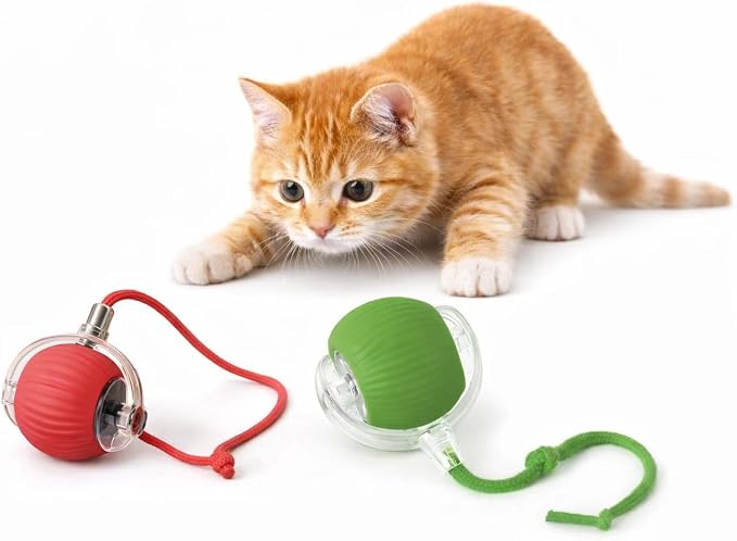 Interactive Rolling Cat Ball Toy with String, Motion Activated Automatic Cat Toy, USB Type C Rechargeable LED Light Pet Toy for Indoor Cats (Green)