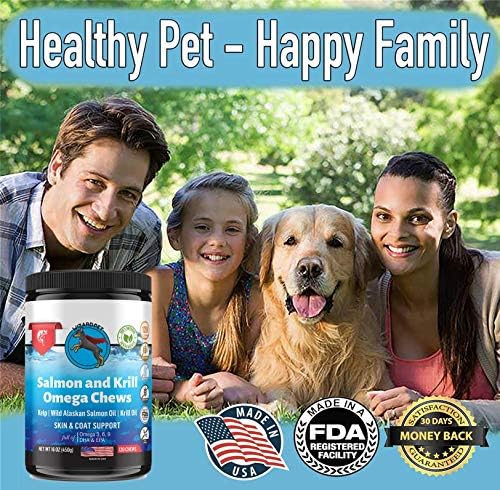 Wild Alaskan Salmon Krill Oil Chews for Dogs - 120 Soft Treats - Omega 3 6 9 Fish Supplement EPA, DHA for Itch-Free Skin Coat Joints - Allergy Relief - Reduce Hair Shedding - Made in USA