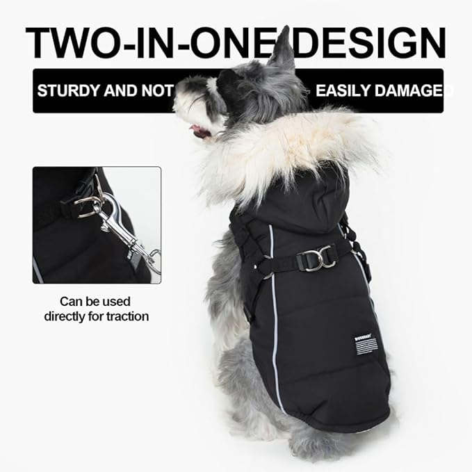 PINA Dog Coat with Built in Harness, Dog Jacket with Faux Fur Hood, Dogs Vest with Reflective Strap for Small Medium Large Dogs, Black, L
