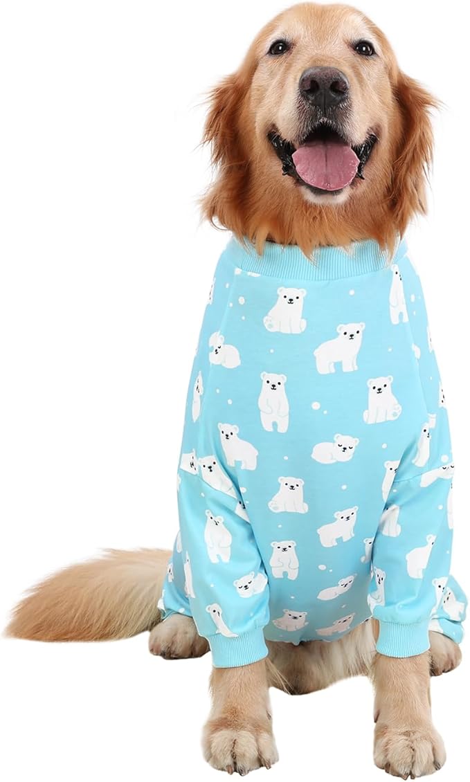 HDE Dog Pajamas One Piece Jammies Jumpsuit Pet Clothes Outfit Stretchy Lightweight Comfy Shirt Pjs for M-3XL Dogs Sleepy Polar Bears - 2XL