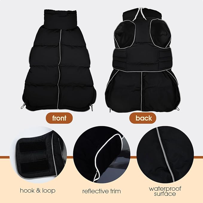 FUAMEY Dog Puffer Jacket for Large Dogs,Dog Cold Weather Coats Dogs Down Jackets Waterproof Pet Snowsuits Warm Puppy Winter Vest Turtleneck Pets Adjustable Jackets Coats Black XL