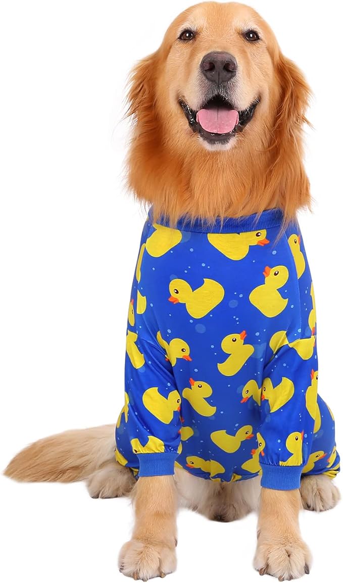HDE Dog Pajamas One Piece Jammies Jumpsuit Pet Clothes Outfit Stretchy Lightweight Comfy Shirt Pjs for M-3XL Dogs Ducks Blue - M