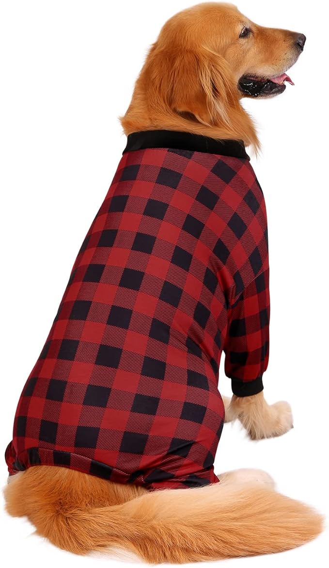 HDE Dog Pajamas One Piece Jammies Jumpsuit Pet Clothes Outfit Stretchy Lightweight Comfy Shirt Pjs for M-3XL Dogs Buffalo Plaid - 3XL