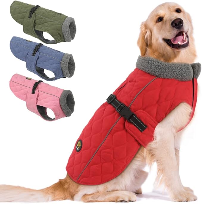 Dog Jackets, Furry Collar Winter Coats for Dogs with Fleece Lining, Water Resistant Reflective Winter Dog Jackets, Adjustable Warm Windproof Pet Coats for Large Dogs, Red L