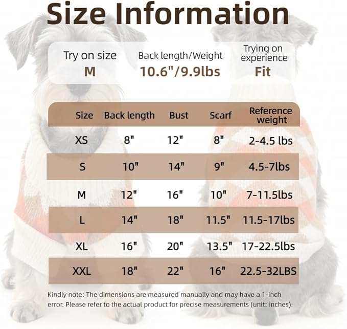 Small Dog Cold Weather Sweaters – Warm Knit Turtlenecks, Cozy Pet Pullovers Dog Clothes with Leash Hole for Chihuahua Bulldog Pug Beagles (Orange/Beige, Medium)
