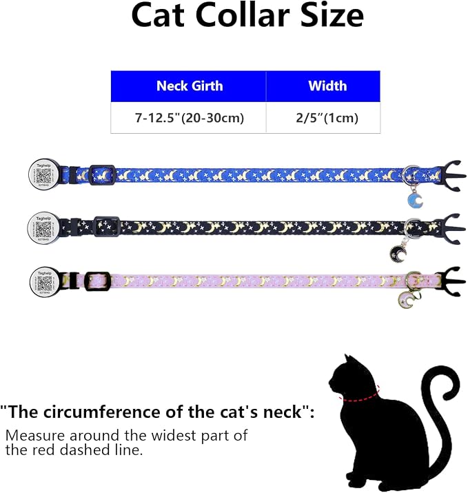 2PCS Breakaway Cat Collars with Moons Stars Cute Kitty Adjustable Safe Kitten Collars with Smart ID QR Code tag,Moon and Star Kitten Safety Collars for Boys & Girls(Black & Purple)