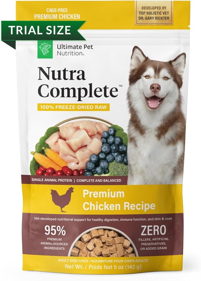 ULTIMATE PET NUTRITION Nutra Complete Freeze Dried Raw Dog Food, Veterinarian Formulated with Antioxidants, Prebiotics & Amino Acids (5 Ounce, Chicken)