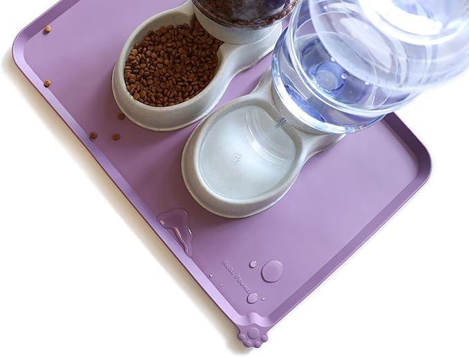 Hoki Found Large High-Sided Silicone Pet Food Tray - Non-Slip Bowls Placemat - Dog and Cat Feeding Mat - Waterproof - Amethyst
