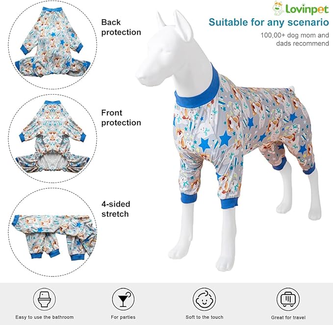 LovinPet Large Dog Onesie Shedding Suits for Pitbulls, Pet Anxiety Relief Pajamas,Pet Sun Protection Tshirt,Comfy Flannel Fabric,Fox,Sheep,Bear Grey Print,Large Dog Pjs,Dogs Surgery Recovery Suit,2XL