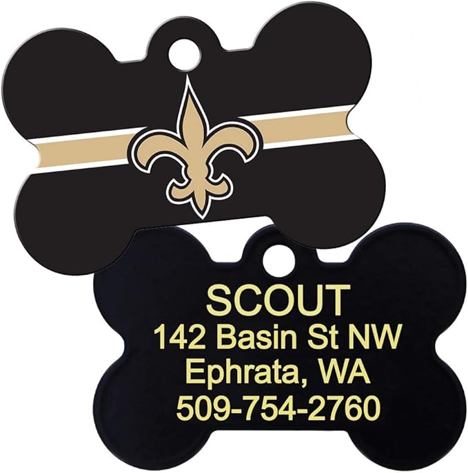 GoTags Personalized New Orleans Saints Dog Tag, Brass Metal Bone Shape Pet ID Tag Engraved with Name and Custom Text, Every NFL Football Team Pet Apparel (Large)