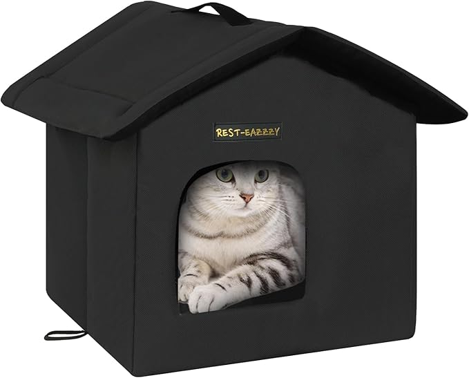 Rest-Eazzzy Cat House for Outdoor Cats, Weatherproof and Insulated Feral Cat House with Mat and Canopy, Easy to Put Together, Selfwarming Cat Shelter for Winter(13 * 13 * 14" Black with Support)