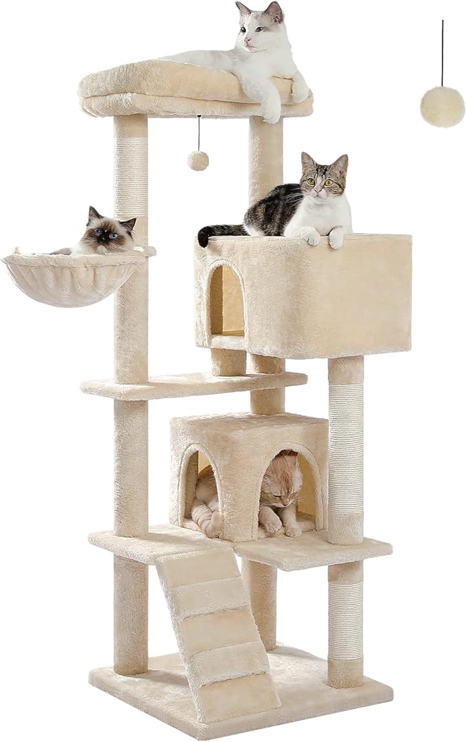 MUTTROS Cat Tree for Large Cats with Super Large Top Perch,56.2" Multi-Level Tower for Indoor Cats with Hammock and Sleeping Bag, Cat Shelves with Scratching Posts and 2 Condos Houses, Beige