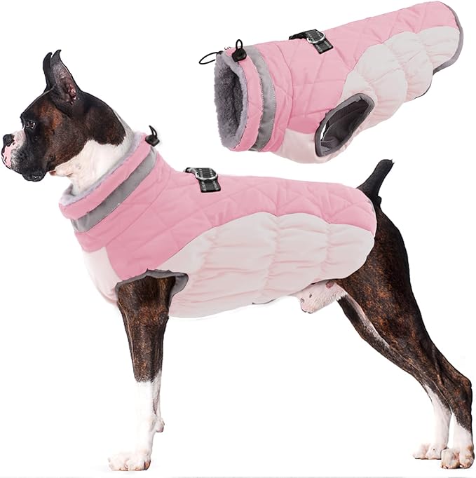 Lelepet Dog Coat Warm Dog Winter Coat Waterproof Dogs Jacket with Harness Built in Reflective Pet Fleece Vest Zip-Up Cold Weather Coats for Large Dogs Turtleneck & Windproof Coats Boxer Pink XL