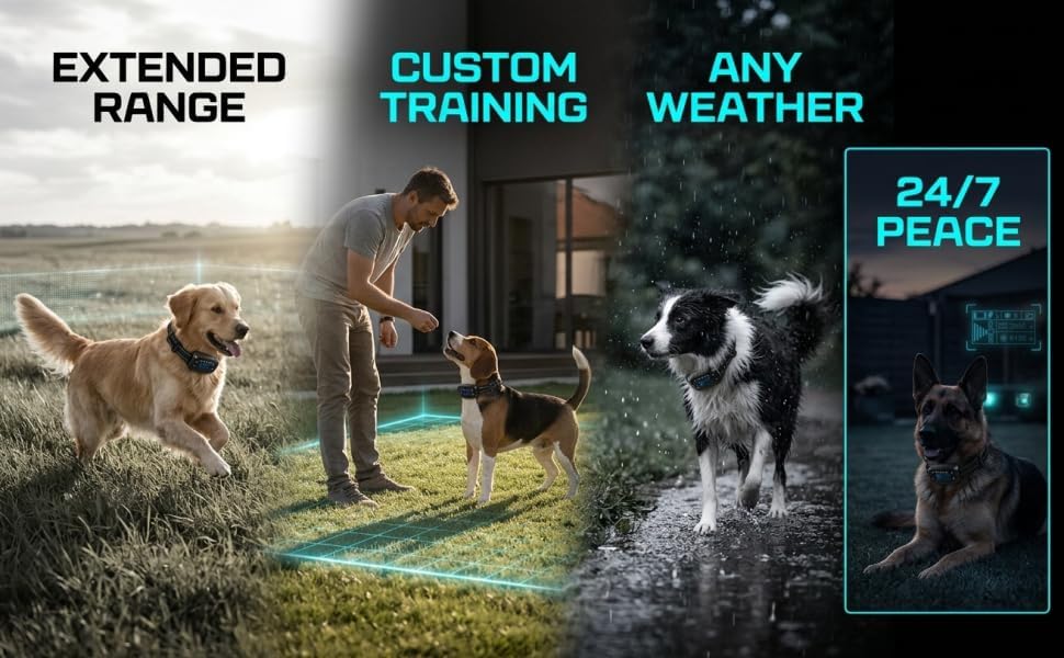 GPS E-Fence Collar, Wireless Dog Collar Fence System for Pet Training, 0.018 to 1.2 miles, 30 to 2,000 m Safety Distance, Bark Trainer with 3 Correction Modes, IPX6 Waterproof ABS, Black 1,000 mAh