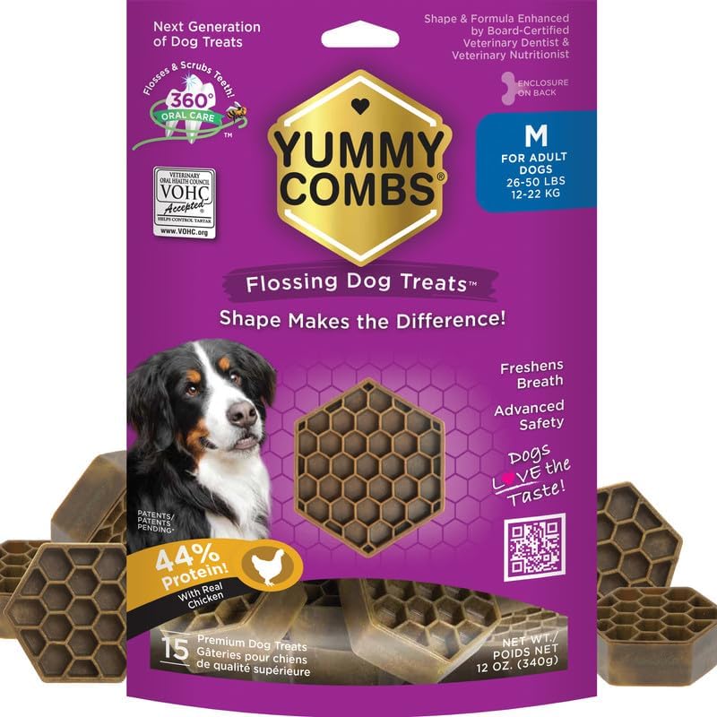 Yummy Combs Dog Dental Treats – Vet VOHC Approved – Delicious Chicken Protein – Removes Tartar with Cleaning Comb Shape – Dental Dog Treats for Medium Dogs (12oz, 15 Count)