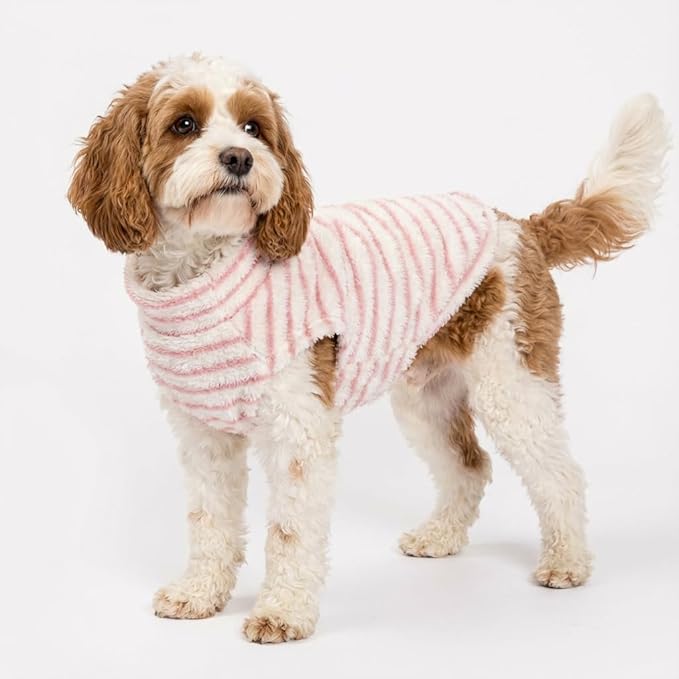 Fitwarm 2 Pack Striped Fleece Dog Sweater, Warm Winter Dog Clothes for Small Dogs Girl, Fuzzy Turtleneck Pet Outfit, Doggy Pullover Jumper, Rose Pink, White, Light Pink, XL