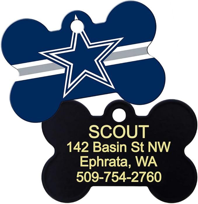GoTags Personalized Dallas Cowboys Dog Tag, Brass Metal Bone Shape Pet ID Tag Engraved with Name and Custom Text, Every NFL Football Team Pet Apparel (Large)