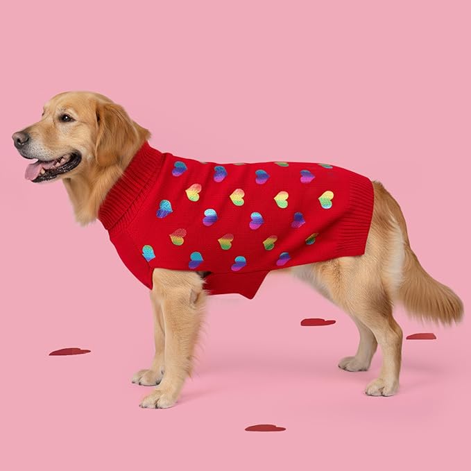 KYEESE Valentines Dog Sweater, Soft Turtleneck Large Dog Sweater with Heart Sequined Printing, Warm Pullover Dogs Sweaters for Large Dogs, Stretchy Pet Clothes Coat with Leash Hole, 3XL
