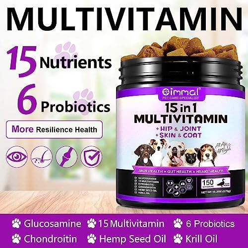 15-in-1 Dog Vitamins and Supplements with Glucosamine & Probiotics, 150ct Dog Multivitamin Chewable Natural Multivitamin Pet Supplement Hip & Joint Support Immune Health Heart Digestion, Duck Flavor