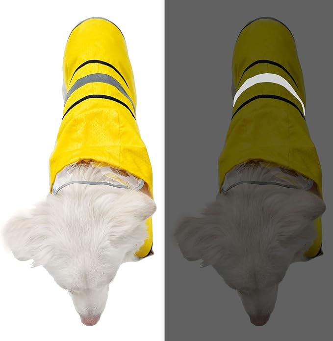 Dog Raincoat Waterproof Reflective Slicker - Lightweight Breathable Hooded Poncho Rain Coat Jacket with Adjustable Belly Strap and Leash Hole for Small Medium Large Dogs (Small, Yellow)
