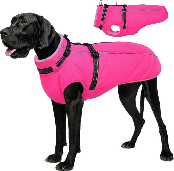 Lelepet Dog Winter Coat Waterproof Dog Jacket with Harness Built in Windproof Reflective Pet Coats for Extra Large Dogs, Thermal Fleece Lined Coats for Cold Weather Walking, Great Dane, Rose Red, 3XL