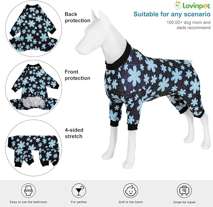 LovinPet Large Dogs Pajamas, Pet Anxiety Relief Shirt, Sun Protection Dog Onesie, Comfy Stretchy Fabric, Sage Print, Big Dog Surgery Recovery PJ's, Dog Party Apparel, Black XXL