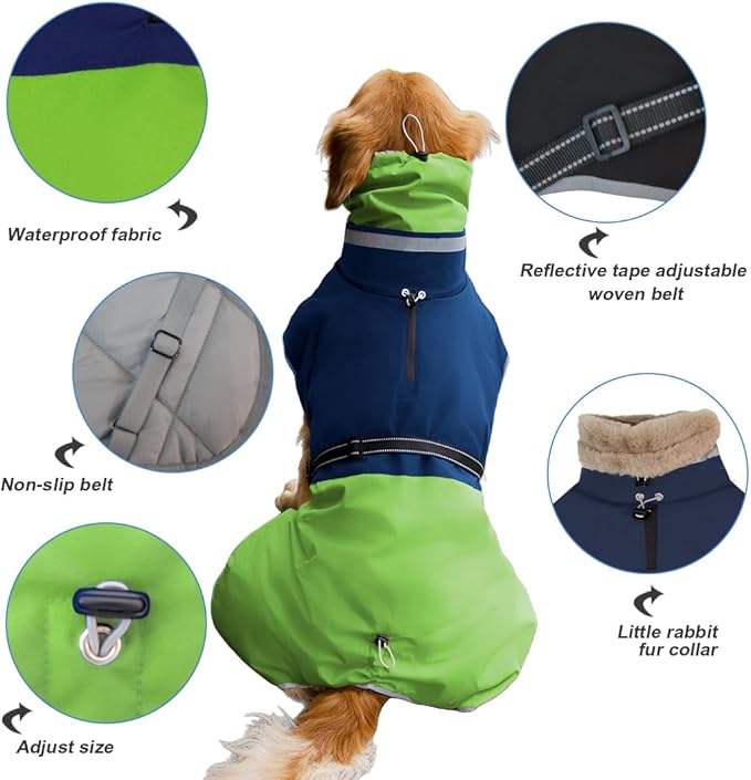 Waterproof Dog Winter Coat, Reflective Turtleneck Fleece Jacket with Snow Protection for Large Dogs, Cold Weather Pet Clothing (Green, 3XL)