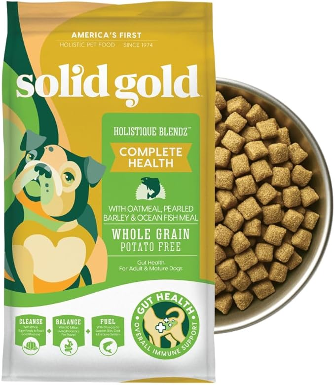 Solid Gold Dry Dog Food for Adult & Senior Dogs - with Whole Grains, Oatmeal, Pearled Barley, & Fish - Potato Free, High Fiber Adult Dog Food Dry Kibble for Sensitive Stomach & Immune Support – 4LB