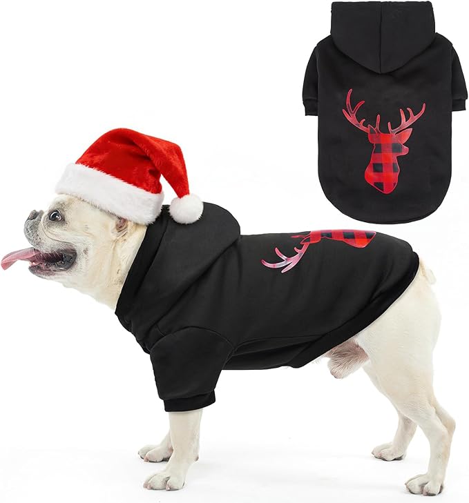SCENEREAL Christmas Dog Hoodie with Leash Hole, Warm & Soft Fleece Pet Sweater & Sweatshirt for Small Medium Large Dogs, Xmas Elk Print Pets Clothes Cold Weather Costume, S