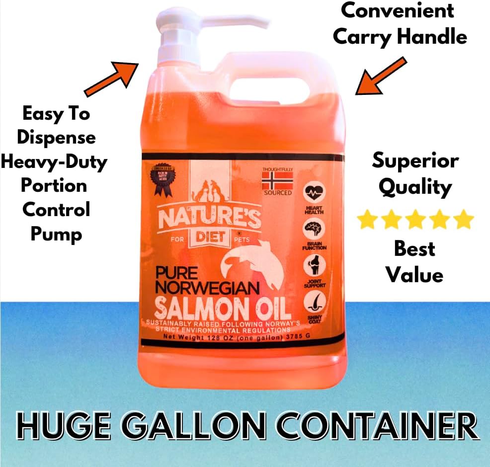 Nature's Diet Pet Norwegian Salmon Oil Dogs & Cats - Natural Support for Joint Function Immune Heart Health Appetite Skin & Coat Omega 3 6 9 Liquid Food Topper EPA DHA Fatty Acids (1 Gallon)