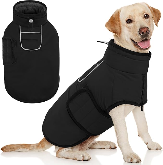 AOFITEE Large Dog Coat, Waterproof Dog Jacket, Dogs Winter Coat with Harness Hole & High Collar, Warm Fleece Pet Snow Jacket for Cold Weather, Reflective Snowsuit for Large Dogs, Great Dane, 3XL