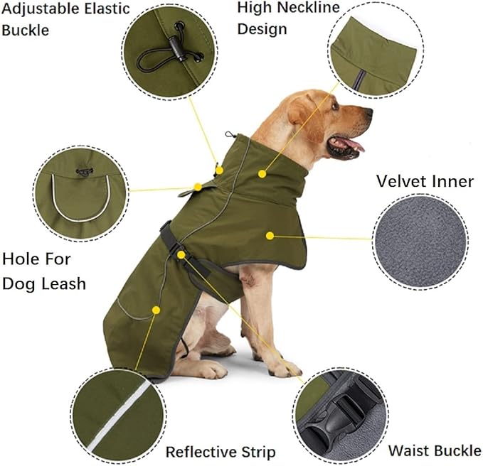 Green S Dog Raincoat - Waterproof Winter Jacket with Velvet Inner, Reflective Strip