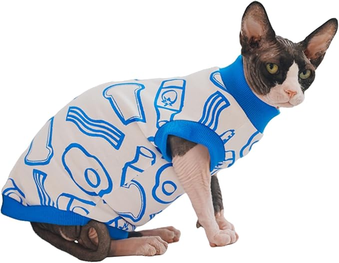 Sphynx Hairless Cat Summer Cotton T-Shirts Cat Vest Pet Clothes, Round Collar Vest Kitten Shirts Sleeveless, Cats & Small Dogs Apparel (Breakfast, M (5.5-7 lbs))