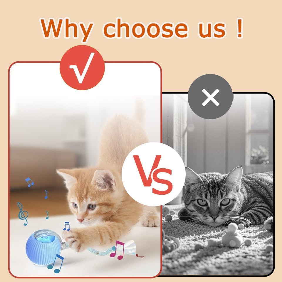 2PCS Interactive Cat Toys for Indoor Cats,New Generation Interactive Cat Ball Toy with Elastic Mesh Tail,Automatic Cat/Kitten Toys with Chirping & Motion Activate,Cat Toys for Bored Indoor,Red & Gray