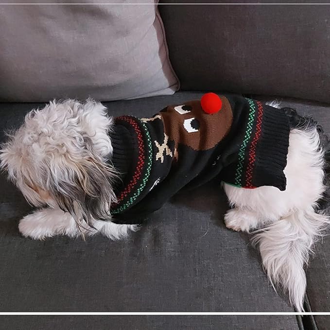 NACOCO Pet Holiday Festive Deer Reindeer Cat Sweater Dog Sweater Winter Clothing Teddy Poodle Autumn Winter Clothes Pet Clothes Dog Clothes (Red Nose, Small)