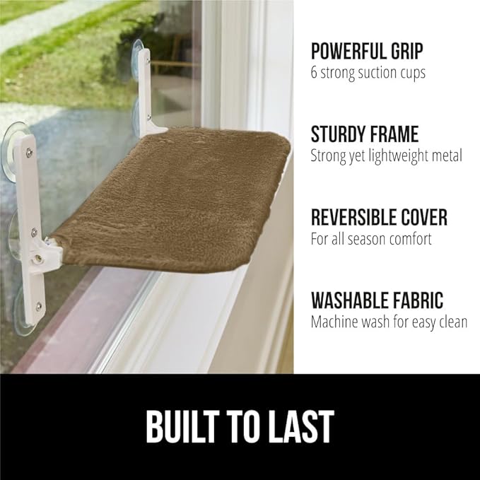 GORILLA GRIP Cat Window Perch, Foldable Cat Window Hammock Bed with 6 Large Suction Cups, Cordless Indoor Wall Shelves, Strong Metal Frame Holds 40lbs, Reversible Washable Sherpa Cover, Large Brown