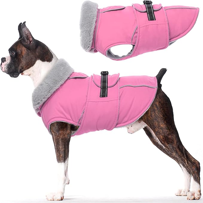 Lelepet Warm Dog Coats for Large Dogs Waterproof Dog Winter Jacket Reflective Pet Fleece Vest Windproof Cold Weather Coats with Adjustable Buckle & Leash Hole, Pink, L