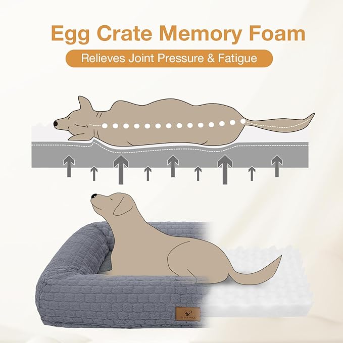Plush Orthopedic Dog Bed for Medium Large Dogs, Memory Foam Bolster Sofa Bed with Removable Washable Cover, Waterproof Lining & Non-Slip Bottom (Grey-S)