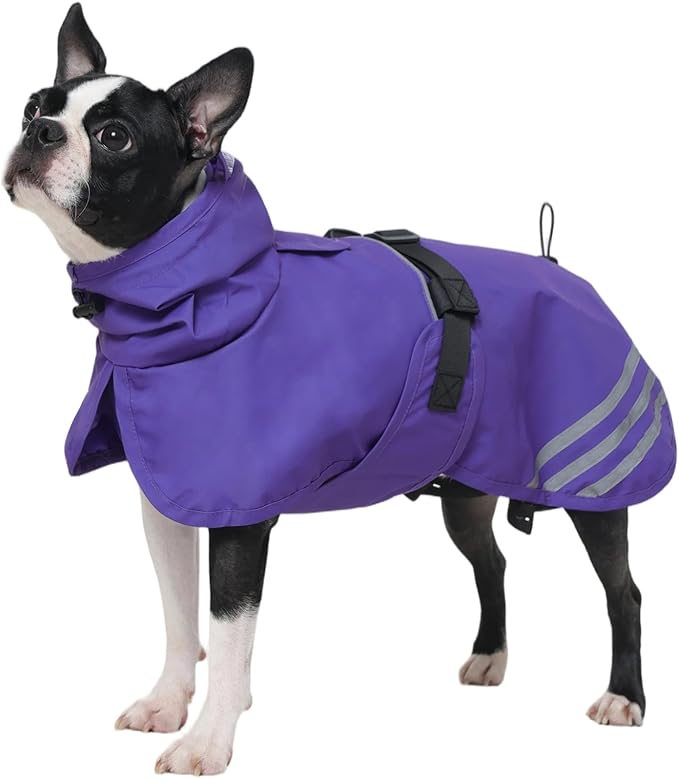 IECOii Waterproof Dog Raincoat with Reflective Strips - Adjustable Dog Rain Jacket for Small Medium Large and Giant Dogs, Windproof Pet Rain Coat with Hood for Outdoor Walking, Hiking, Purple