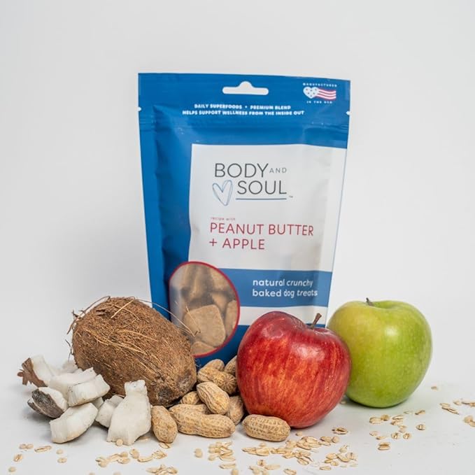 Body and Soul Peanut Butter + Apple Crunchy Dog Treats - Superfood Biscuits Baked with Oats Barley & Quinoa - All-Natural Plant Based Clean Protein, No Additives or Fillers - Made in USA 2 Pack (20oz)