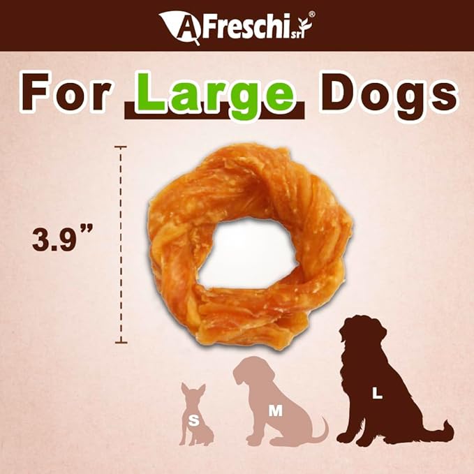 AFreschi Turkey Tendons for Dogs, USA-Sourced, Healthy Dog Treats, Rawhide-Free Puppy Chews, Long Lasting, All Natural, Hypoallergenic Dog Treats for Large Breeds, 1 Count Pack Ring (L)