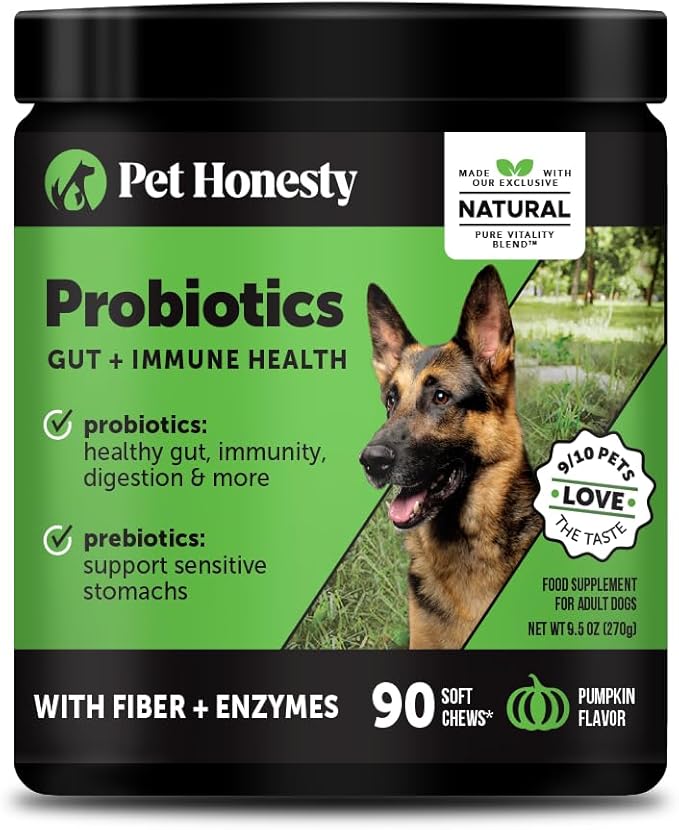 Pet Honesty Probiotics for Dogs - Digestive Enzymes Promotes Gut Health, Dog Probiotics for Bowel Support, Fiber for Regularity, Prebiotics for Immune Health & Gut Flora (Pumpkin, 90 ct)