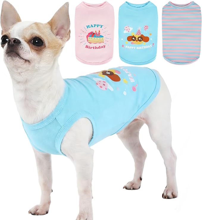 3 Pack Birthday Dog Shirts for Small Dogs,Print T-Shirt,Lightweight Sleeveless Vest,Soft Breathable & Lightweight for Daily Wear,Festival Party Funny Outfits (Pink & Blue,S)