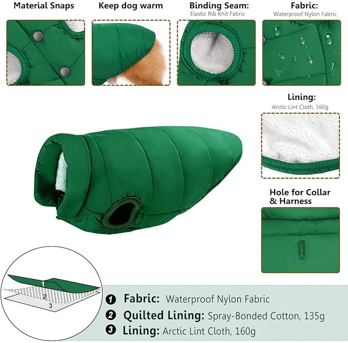 ASENKU Dog Winter Coat - Waterproof Windproof Dog Jacket, Warm Snowproof Doggie Puffer Vest for Cold Weather, Lightweight Snow Coats for Small Medium Large Dogs (XXXL, Green)