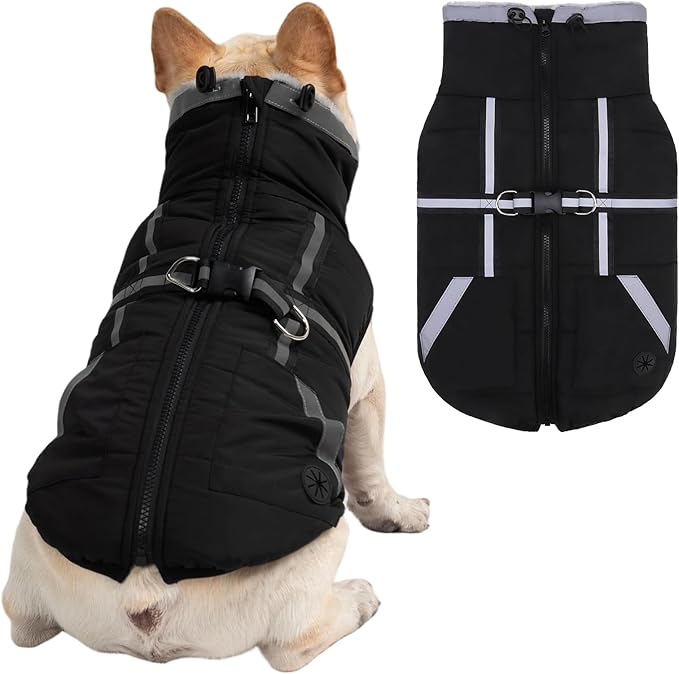 Mihachi Medium Dog Coat with Harness Built in, Warm Dog Winter Coat with Pockets for Dogs, Waterproof Reflective Fleece Vest with Zipper, Pet Windproof Warm Cold Weather Jacket Snowsuit Outfit,Black M