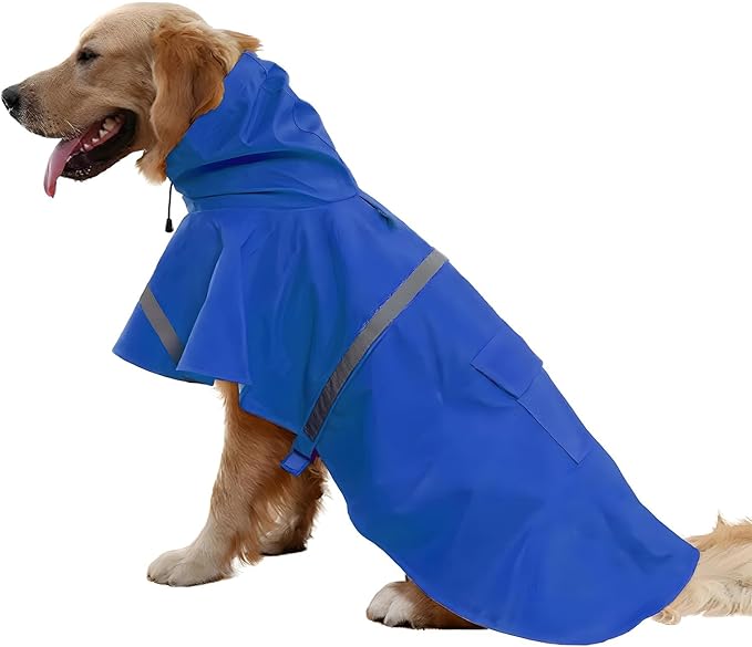 NACOCO Large Dog Raincoat Adjustable Pet Water Proof Clothes Lightweight Rain Jacket Poncho Hoodies with Strip Reflective (M, Blue)