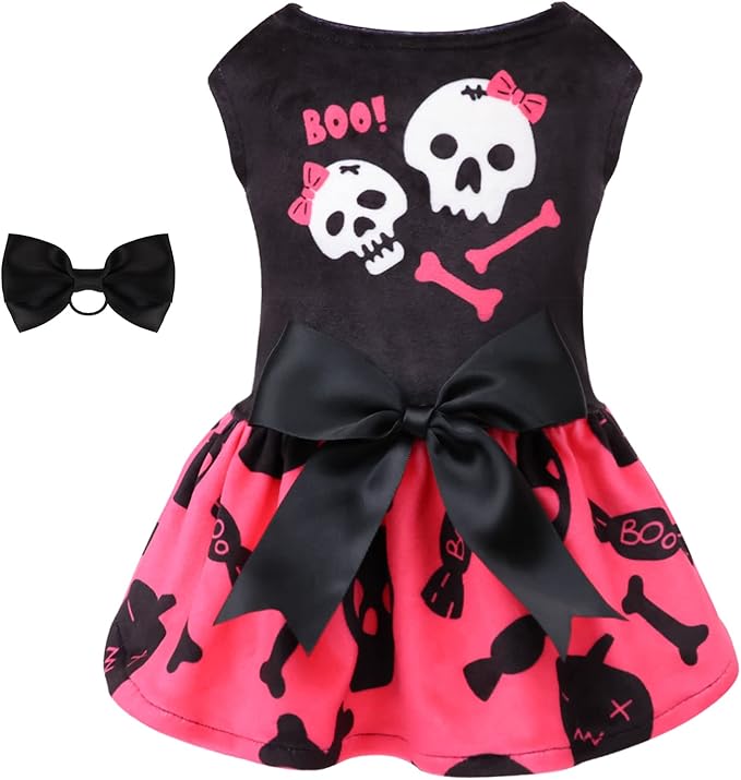 CuteBone Halloween Skulls Dog Dress Velvet for Small Dogs Girl Puppy Dresses Pink Dog Clothes CVA02M-D