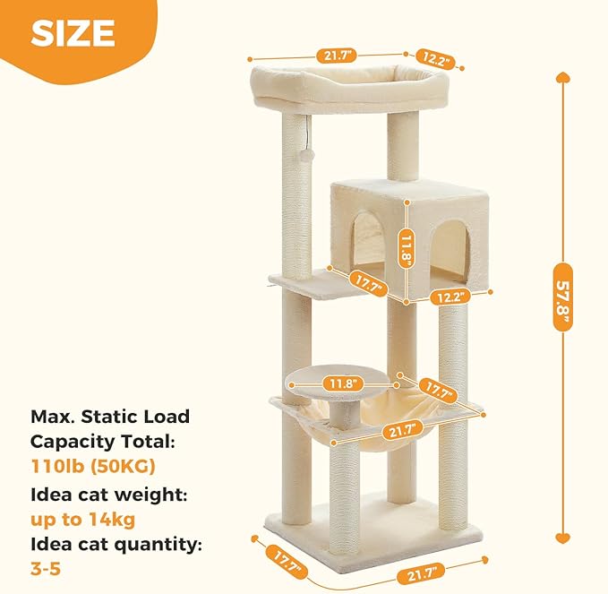 MUTTROS Large Cat Tree for Indoor Cats Large Adult, 57.8" Heavy Duty Cat Tower with Reinforced Scratching Posts (φ3.7in) and Plush Larger Hammock for Maine Coon & Big Cats, Supports 30lbs, Beige