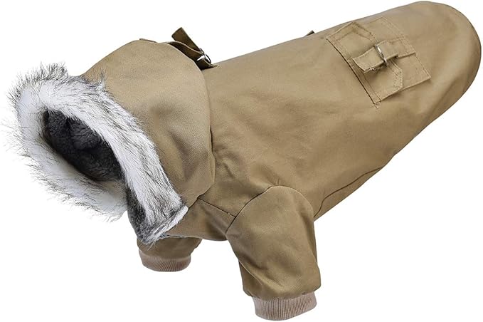 Warm Dog Hooded Trench Coat Windproof Parka Jacket for Cold Weather (XL, Khaki)