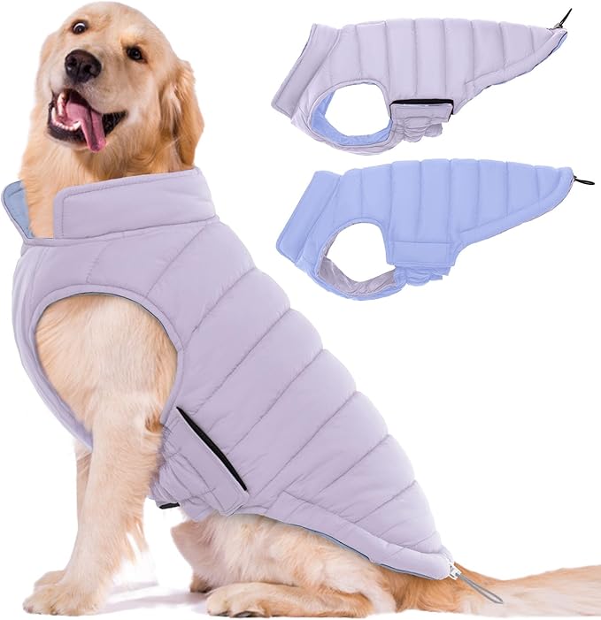 Lelepet Reversible Dog Coat Waterproof Dog Jacket Windproof Puffer Vest for Winter Warm Lightweight Coats for Large Dogs Adjustbale Hook & Loop Pet Apparel with Leash Hole, Pitbull, Purple, XL